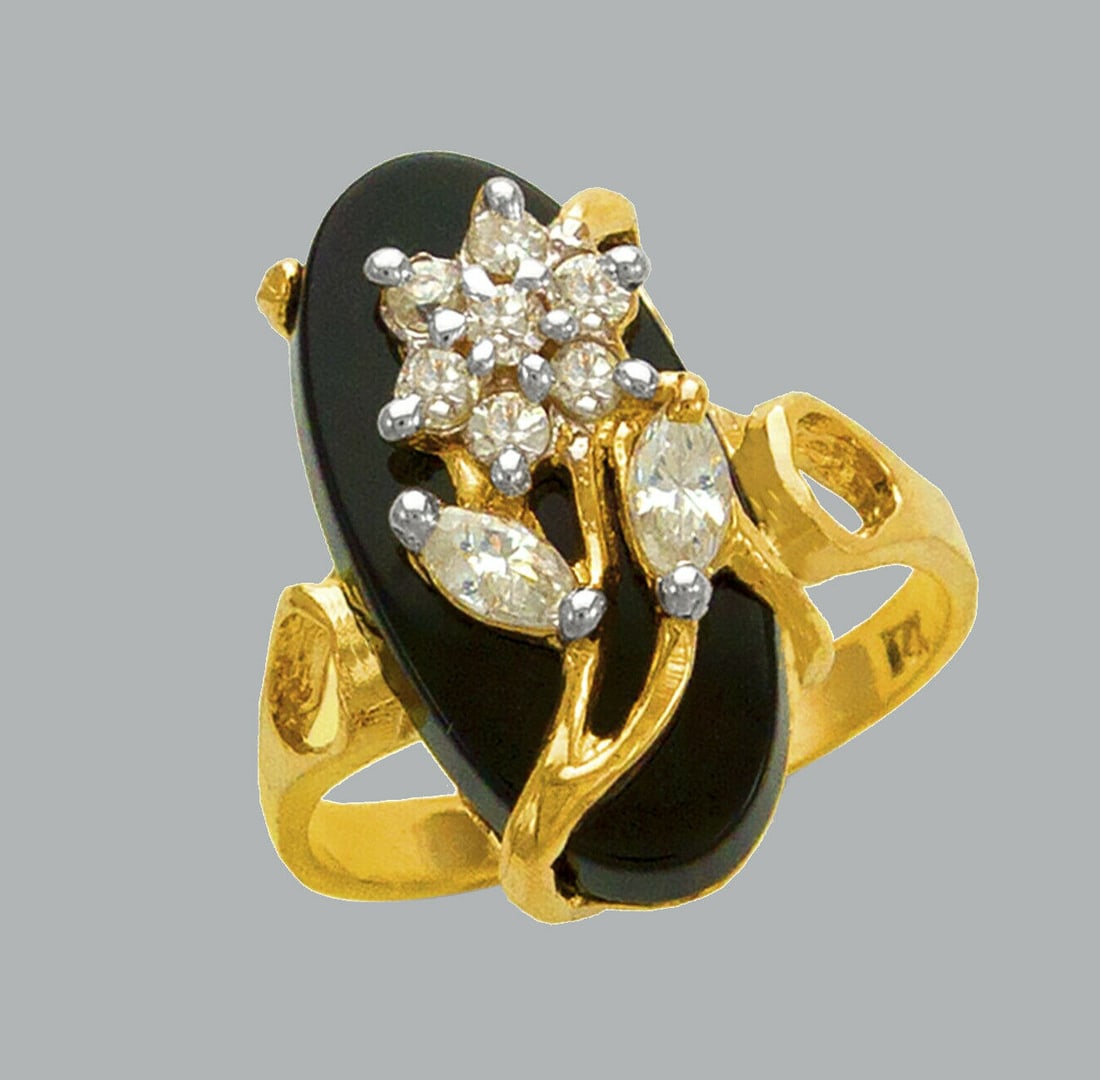 NEW 14K YELLOW GOLD LADIES CZ COCKTAIL RING ONYX (1 of 1)