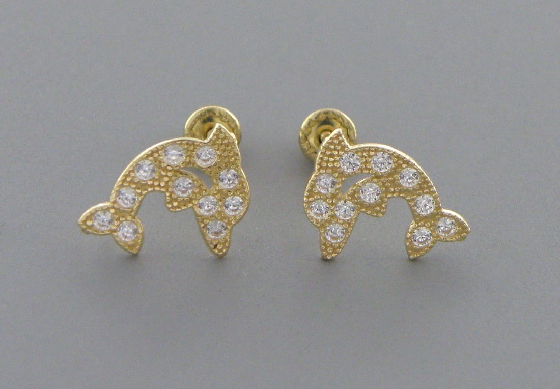 NEW 14K Y/ GOLD CZ GIRLS BABY STUD DOLPHINS EARRINGS: Earrings measure 6.7mm H x 6.3mm W 14K Yellow gold, cz dolphin earrings Screw backs New Stamped 14K on earrings and earring backs Total weight 0.4 grams