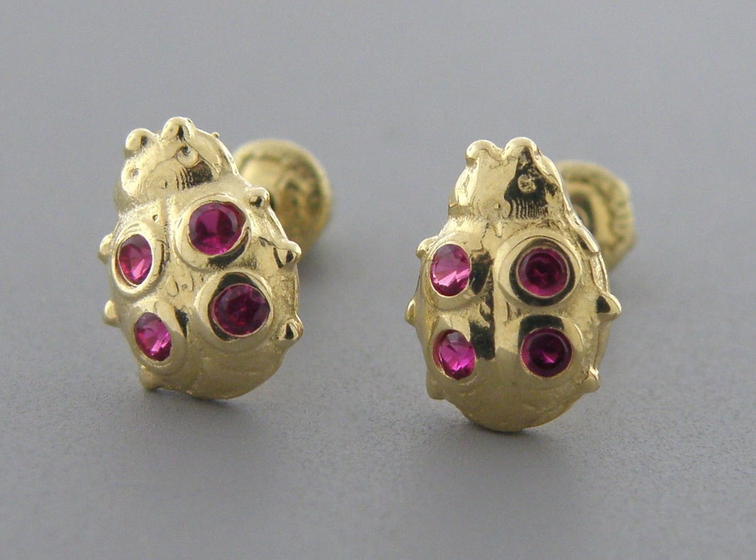 NEW 14K GOLD CZ BABY GIRLS STUD RED LADYBUG EARRINGS (1 of 2)