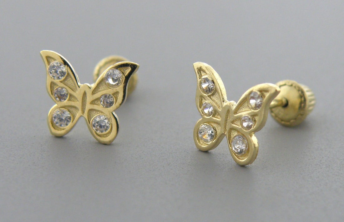 NEW 14K Y/ GOLD CZ GIRLS BABY STUD BUTTERFLY EARRINGS (1 of 2)