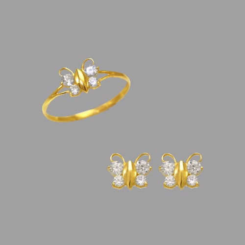 14K YELLOW GOLD BABY BUTTERFLY EARRINGS AND RING SET: 14K Yellow Gold Baby set with butterfly design Approx. 6mm Center, 2mm Band Ring Approx. 6x6mm Earrings High Polish/Cubic Zirconia 1.6g