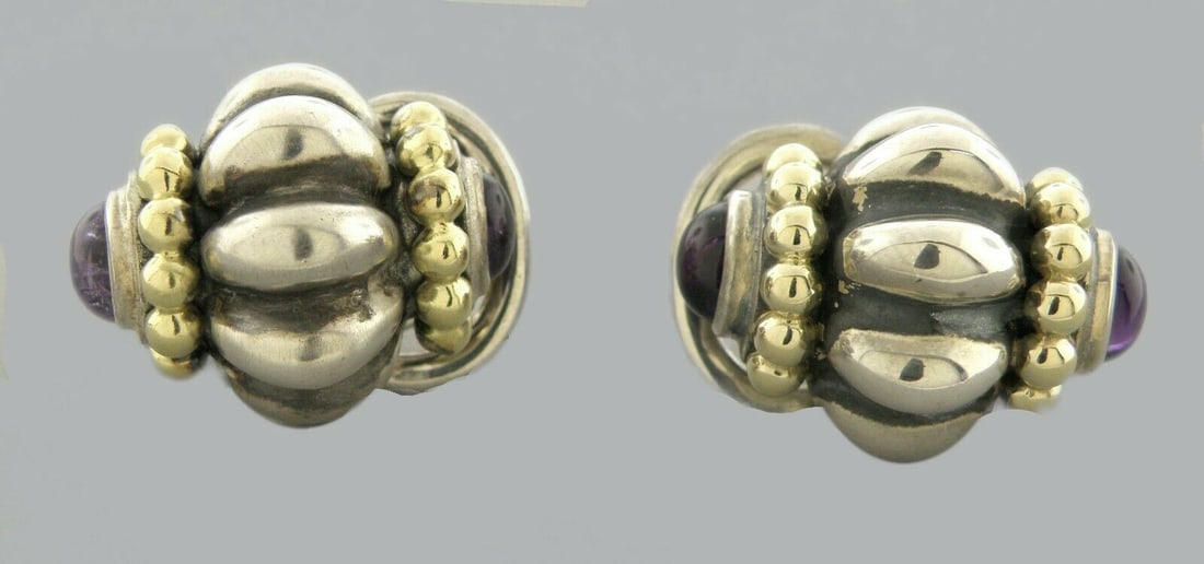 LAGOS CAVIAR 18K GOLD STERLING SILVER AMETHYST EARRINGS: LAGOS CAVIAR 18K GOLD AND STERLING SILVER EARRINGS Earrings measure 0.97" H x 0.79" W 18K yellow gold and sterling silver amethyst earrings Pre-owned in good condition, please refer to pics Omega Back