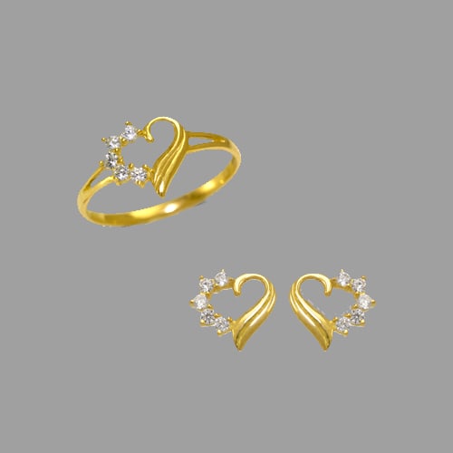 14K YELLOW GOLD BABY RING EARRINGS SET HEART: 14K Yellow Gold Approx. 7mm Center, 2mm Band Ring Approx. 8x7mm Earrings High Polish/Cubic Zirconia 2g