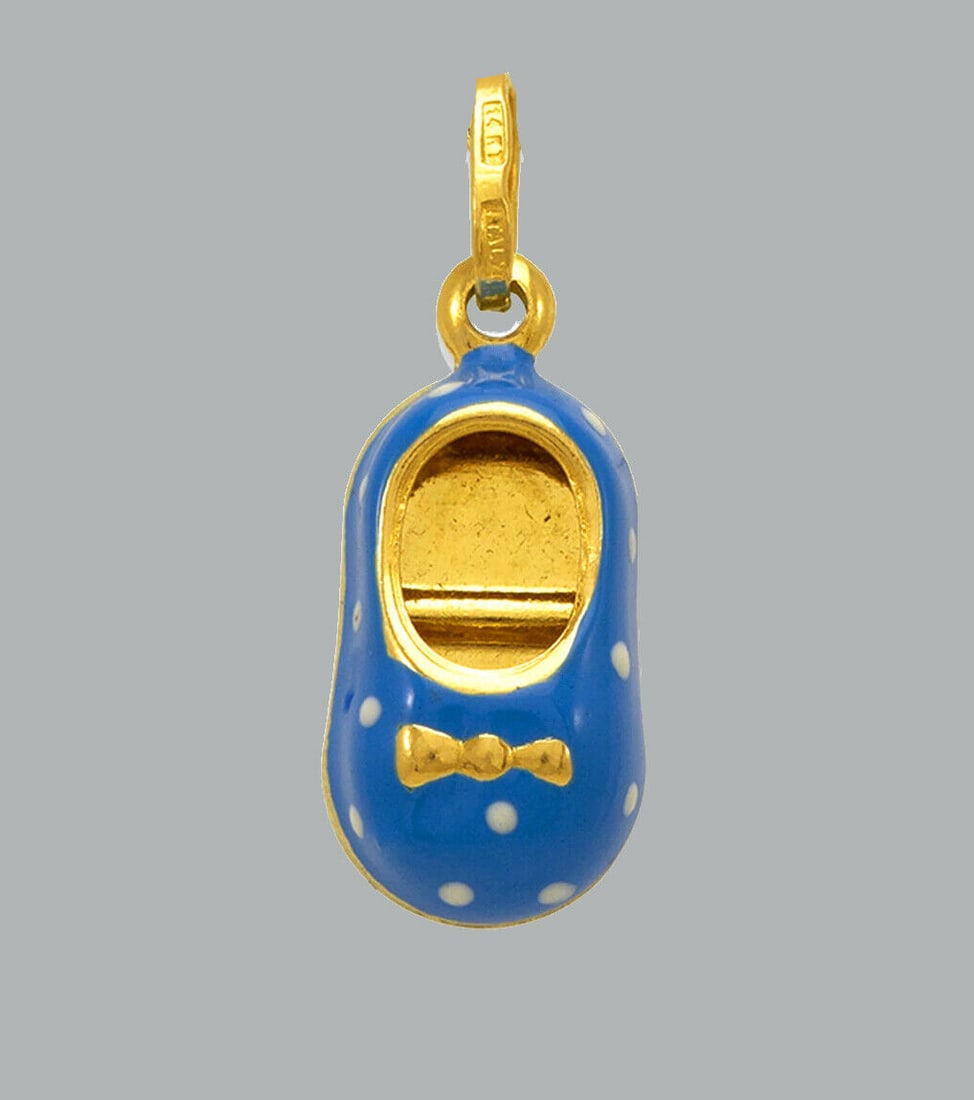 NEW 14K YELLOW GOLD ENAMEL PENDANT CHARM BABY SHOE BOY: NEW 14K YELLOW GOLD ENAMEL SHOE PENDANT New 14K Yellow Gold Pendant Measures: 9mm x 17mm Pendant has a polished finish Stamp: 14k Apx Weight: 1.4g