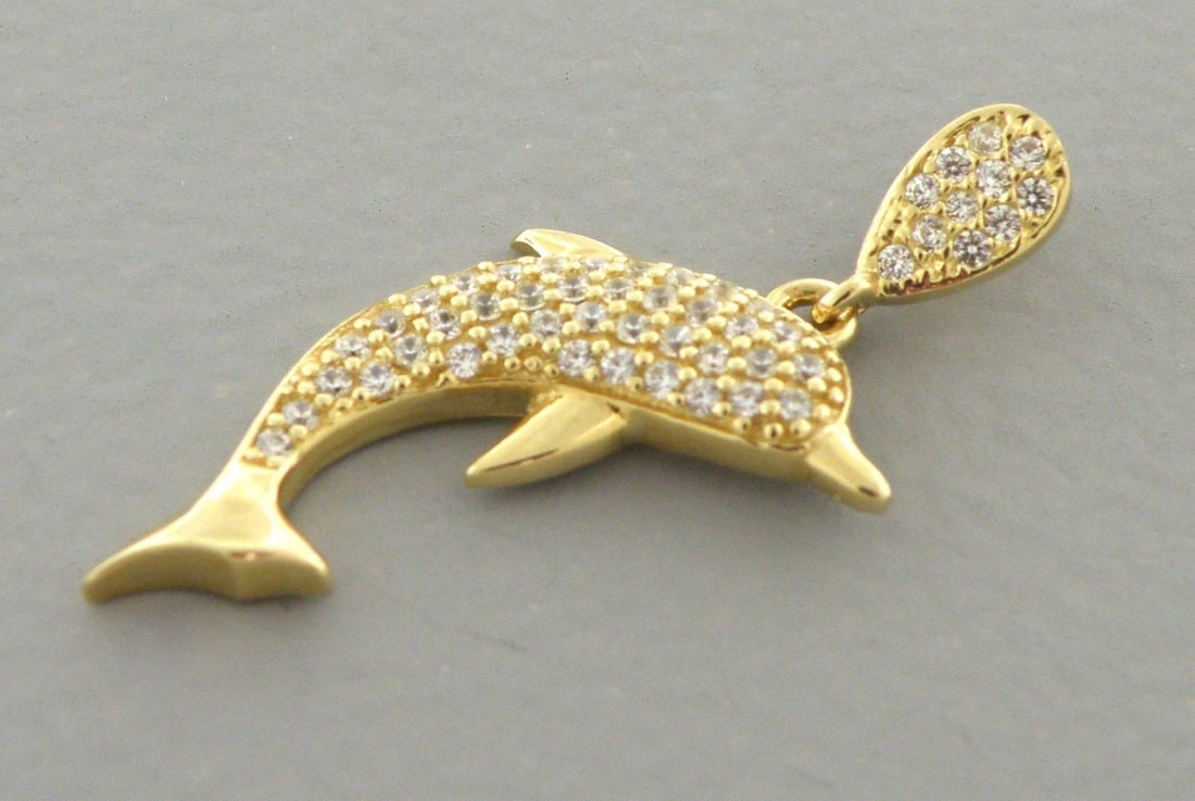 NEW 14K YELLOW GOLD LADIES GIRLS DOLPHIN CZ PENDANT (1 of 2)