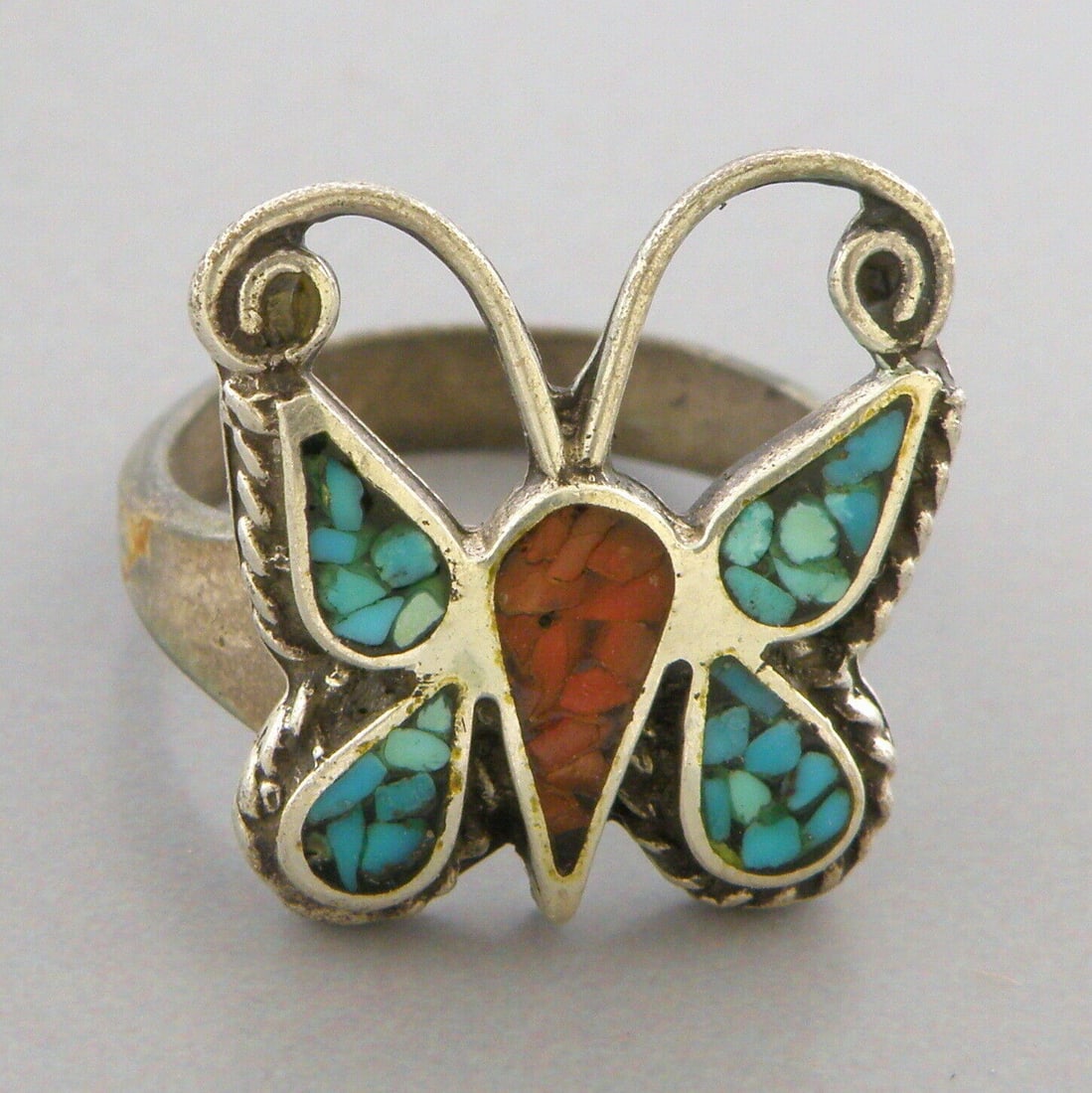 VINTAGE SOUTHWEST SILVER CORAL TURQUOISE BUTTERFLY RING (1 of 2)