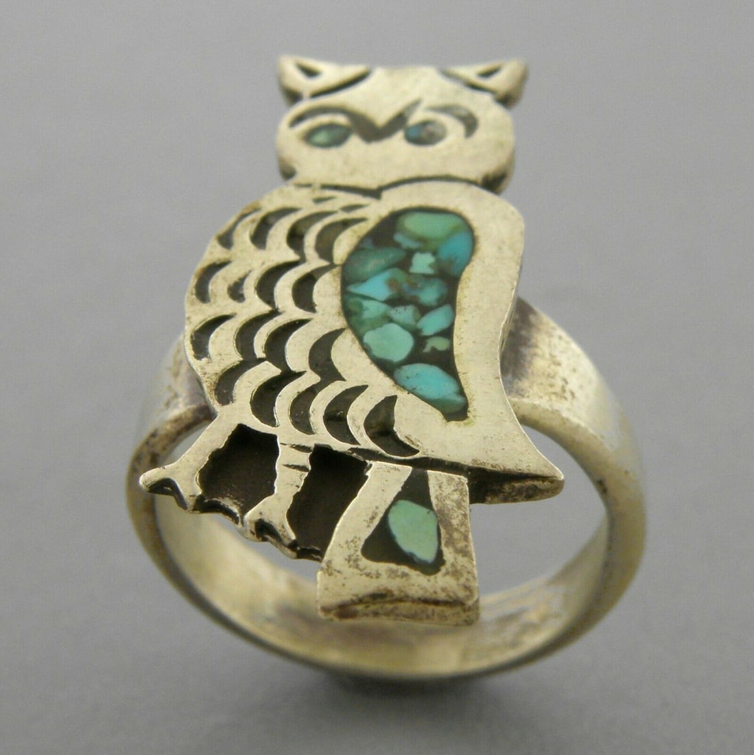 VINTAGE SOUTHWESTERN STERLING SILVER TURQUOISE OWL INLAY RING SIZE 3 (1 of 2)