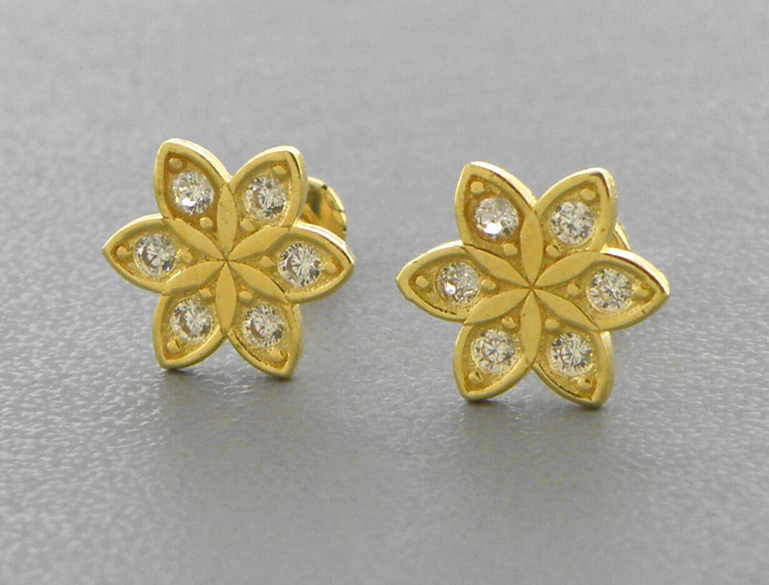 14K YELLOW GOLD STUD CZ EARRINGS SCREW BACK FLOWER (1 of 2)