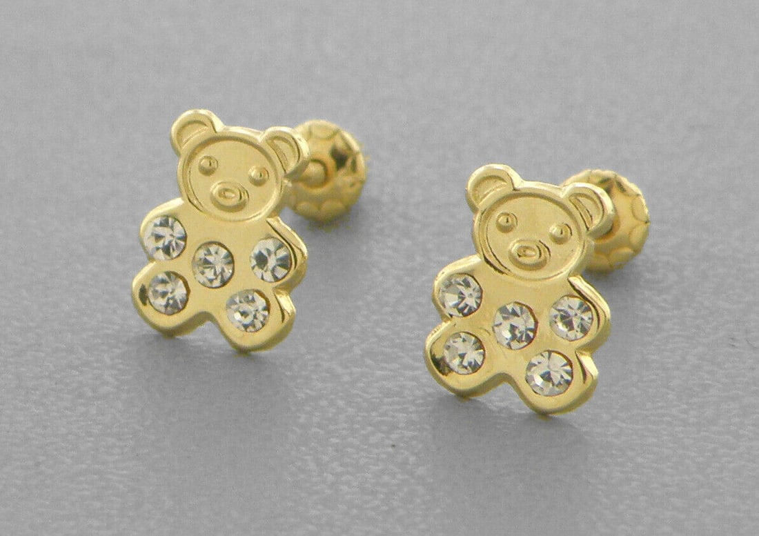 14K YELLOW GOLD CHILDRENS FANCY TEDDY BEAR STUD CZ (1 of 2)