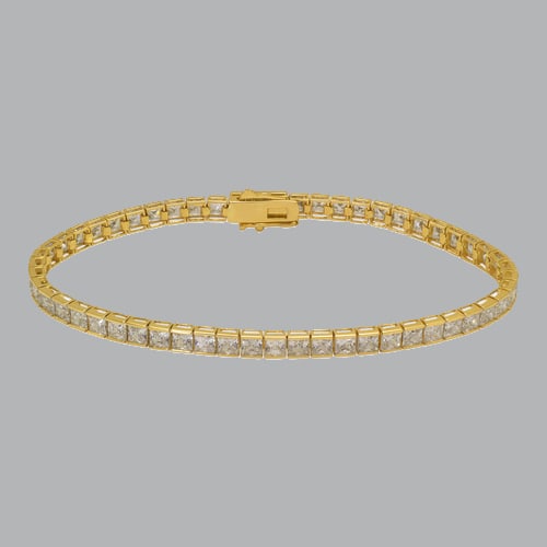 14K YELLO GOLD PRINCESS CUT CZ TENNIS BRACELET: 14K YELLOW GOLD BRACELET 14K Solid Yellow Gold Princess cut Cz cubic zirconia Width Size: 3mm, 2.5mm and 1.75mm wide Lengths: 7" and 7.5" High Polish 14k gold with Cubic Zirconia Stamp: 14k Avg Weight