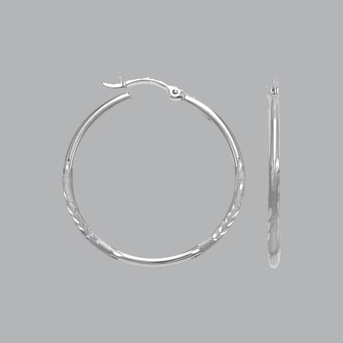 14K WHITE GOLD ROUND HOOP TUBE EARRINGS 2mm: 14K WHITE GOLD HOOP EARRINGS 14K White Gold Tube hoop earrings Width Size: 2mm Diameter: 17mm Diamond cut, satin and High Polish Design Snap/ clasp closure Stamp: 14k Avg Weight: 17mm - 0.9g