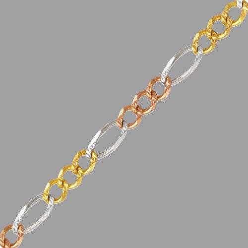 14K Y/ GOLD FIGARO TRICOLOR CHAIN NECKLACE 4.5mm 20": NEW 14K TRI-COLOR GOLD FIGARO CHAIN NECKLACE4.5mm Wide20" LongWell made, not cheap lightweight chains14K Tri-color gold, solid 14K Gold chains, NOT HOLLOW, NOT PLATED, NOT GOLD FILLEDChains are New11.