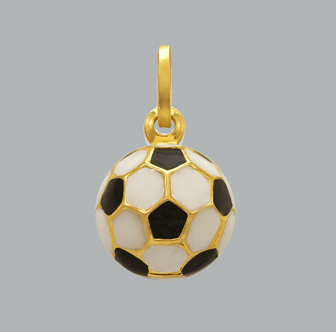 NEW 14K YELLOW GOLD ENAMEL PENDANT / CHARM SOCCER BALL: NEW 14K YELLOW GOLD SOCCER BALL PENDANT New 14K Yellow Gold Pendant Measures: 10mm in diameter Pendant has a polished finish Flat back, hollow Stamp: 14k Apx Weight: 1.1g