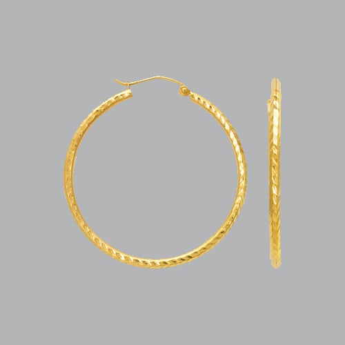 14K YELLOW GOLD ROUND HOOP TUBE EARRINGS 2mm: 14K YELLOW GOLD HOOP EARRINGS 14K Yellow Gold Tube hoop earrings Width Size: 2mm Diameter: 35mm, Diamond cut, High Polish Design Snap/ clasp closure Stamp: 14k Avg Weight: 35mm - 1.8g