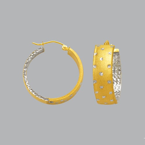 14K TWO TONE GOLD SQUARE HOOP TUBE EARRINGS 8mm: 14K TWO TONE GOLD HOOP EARRINGS 14K Two tone Gold Tube hoop earrings Width Size: 8mm Diameter: 30mm, Diamond cut, Satin & Polish Finish Snap/ clasp closure Stamp: 14k Avg Weight: 30mm - 5g