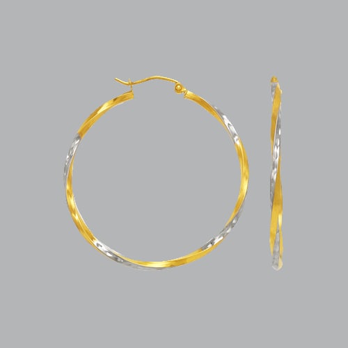 NEW 14K TWO TONE GOLD SQUARE TWIST HOOP TUBE EARRINGS 2: 14K TWO TONE GOLD HOOP EARRINGS 14K Two tone Gold Tube hoop earrings Width Size: 2mm Diameter: 40mm Square Twist Diamond cut Satin and Polish Finish Earrings Snap/ clasp closure Stamp: 14k Avg Weight