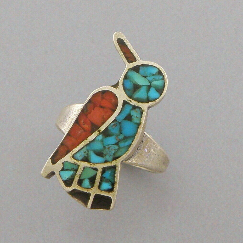 VINTAGE NAVAJO STERLING SILVER CORAL & TURQUOISE INLAY BIRD RING SIZE 3 (1 of 2)
