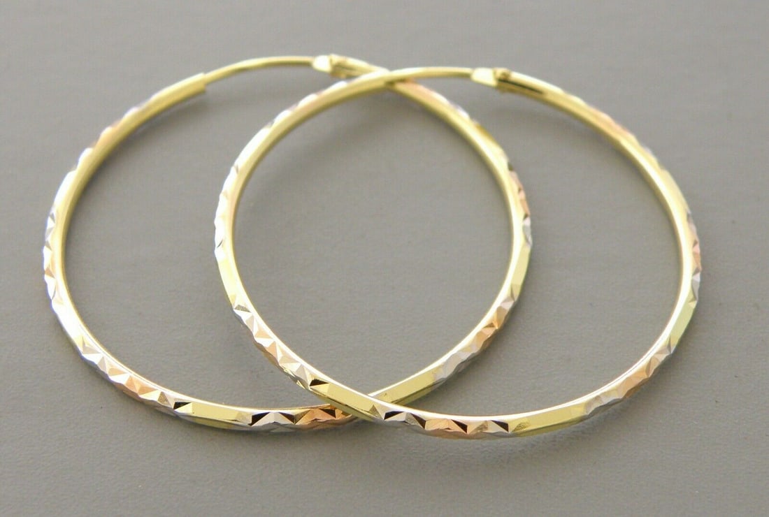 14K TRI COLOR GOLD ROUND HOOP TUBE EARRINGS 1.8mm (1 of 2)