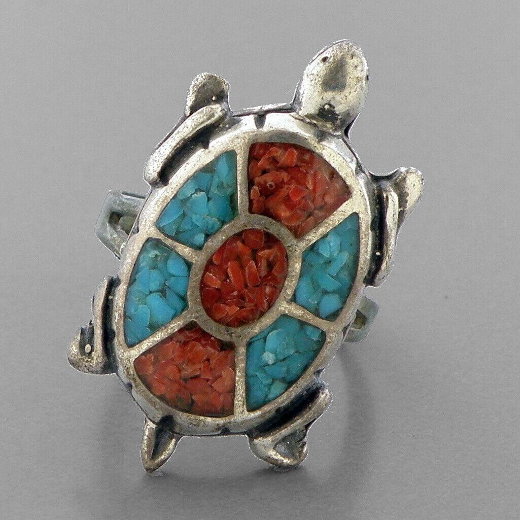 VINTAGE NAVAJO STERLING SILVER CORAL & TURQUOISE INLAY TURTLE RING SIZE 6 (1 of 2)