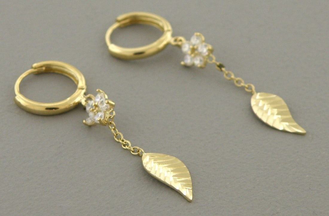 14K YELLOW GOLD LADIES DROP DANGLE LEAF CZ SET (1 of 2)