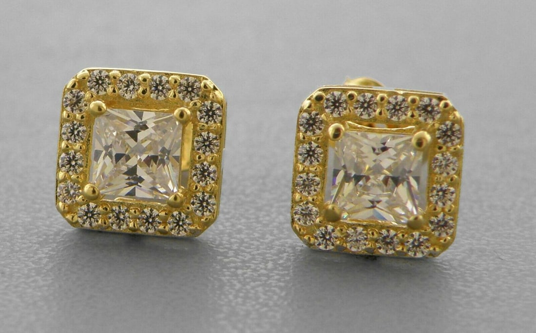 NEW 14K YELLOW GOLD LADIES FANCY STUD CZ EARRINGS HALO (1 of 2)