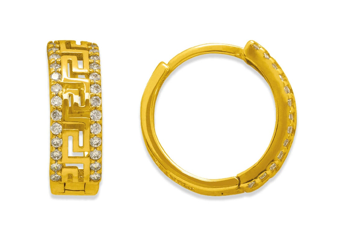 14K YELLOW GOLD CZ HUGGIE HOOP EARRINGS GREEK KEY: NEW 14K YELLOW GOLD HUGGIE EARRINGS New 14K Yellow Gold Hoop Earrings Measures: 14mm in Diameter x 5mm Wide Earrings have a polished finish Set with Cubic Zirconia Snap closure Stamp: 14k Avg Weight: