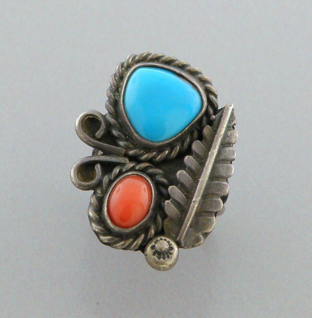 VINTAGE BEAUTIFUL NAVAJO STERLING SILVER TURQUOISE CORAL RING SIGNED (1 of 2)