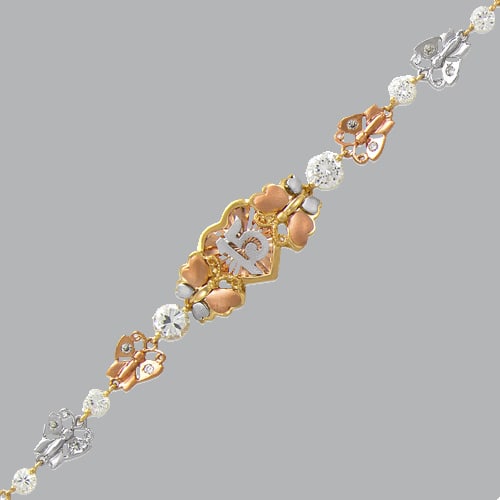 14K TRI-COLOR GOLD CZ 15 ANOS BRACELET HEART BUTTERFLY: 14K TRI-COLOR GOLD BRACELET 14K Solid Tri-color Gold (not gold plated or gold filled)Cz cubic zirconiaApprox. 7mm Wide, 11mm CenterHigh Polish/Satin Finish/Cubic ZirconiaHeart with butterfly designH-C