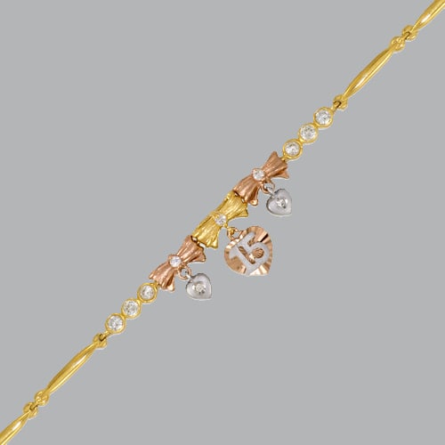 14K TRI-COLOR GOLD CZ 15 ANOS BRACELET HEART BOW (1 of 2)