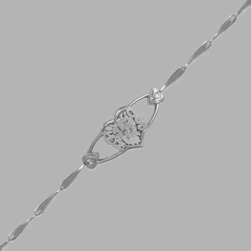 14K WHITE GOLD CZ 15 ANOS BRACELET HEART: 14K WHITE GOLD BRACELET 14K White Gold (not gold plated or gold filled) Cz cubic zirconia Approx. 2mm Wide, 13mm at the widest part High Polish Satin Finish Cubic Zirconia Heart design H Clasp Stamp: