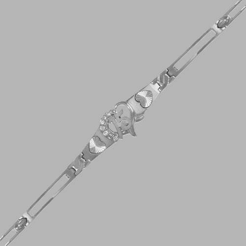 NEW 14K WHITE GOLD CZ 15 ANOS BRACELET HEART: 14K WHITE GOLD BRACELET 14K White Gold (not gold plated or gold filled) Cz cubic zirconia Approx. 3mm Wide, 12mm at the widest part High Polish Satin Finish Cubic Zirconia Heart design H Clasp Stamp: