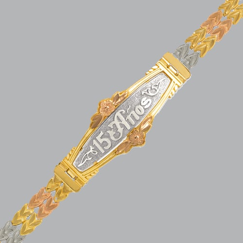 14K TRI COLOR GOLD 15 ANOS BRACELET FANCY DIAMOND CUT: 14K TRI COLOR GOLD BRACELET New 14K Tri color Gold (not gold plated or gold filled) Approx. 7mm Wide, 18mm at the widest part Polished and diamond cut Box Clasp Stamp: 14k Avg Weight: 7" = 12.8g