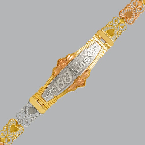 14K TRI COLOR GOLD 15 ANOS BRACELET FANCY DIAMOND CUT: 14K TRI COLOR GOLD BRACELET New 14K Tri color Gold (not gold plated or gold filled) Approx. 9mm Wide, 18mm at the widest part Polished and diamond cut Box Clasp Stamp: 14k Avg Weight: 7" = 11.6g