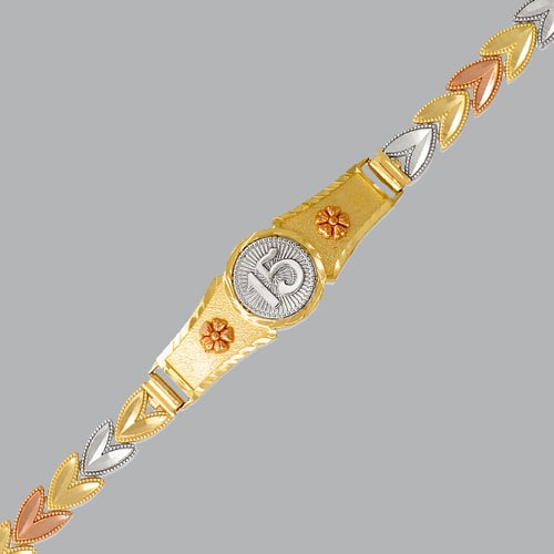 NEW 14K TRI COLOR GOLD 15 ANOS BRACELET FANCY: 14K TRI COLOR GOLD BRACELET New 14K Tri color Gold Approx. 7mm Wide, 17mm at the widest part Polished finish and diamond cut Lobster Clasp Stamp: 14k Avg Weight: 7" = 9.2g