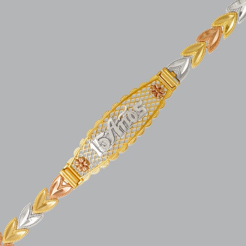 NEW 14K TRI COLOR GOLD 15 ANOS BRACELET FANCY: 14K TRI COLOR GOLD BRACELET New 14K Tri color Gold Approx. 6mm Wide, 12mm at the widest part Polished finish and diamond cut Lobster Clasp Stamp: 14k Avg Weight: 7" = 9.5g
