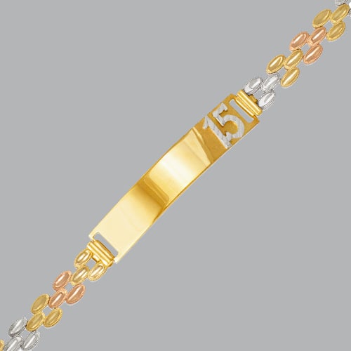 NEW 14K TRI COLOR GOLD 15 ANOS ID BRACELET FANCY: 14K TRI COLOR GOLD BRACELET New 14K Tri color Gold ID Bracelet Approx. 6mm Wide, 8mm at the widest part Polished finish Lobster Clasp Stamp: 14k Avg Weight: 7" = 10.1g