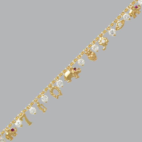NEW 14K YELLOW GOLD CZ CHARM BRACELET ELEPHANT: 14K YELLOW GOLD BRACELET New 14K Yellow Gold Approx. 2mm Wide, 7mm at the widest part Charm Bracelet with CZ, Polished finish Spring Clasp Stamp: 14k Avg Weight: 7" = 6.6g