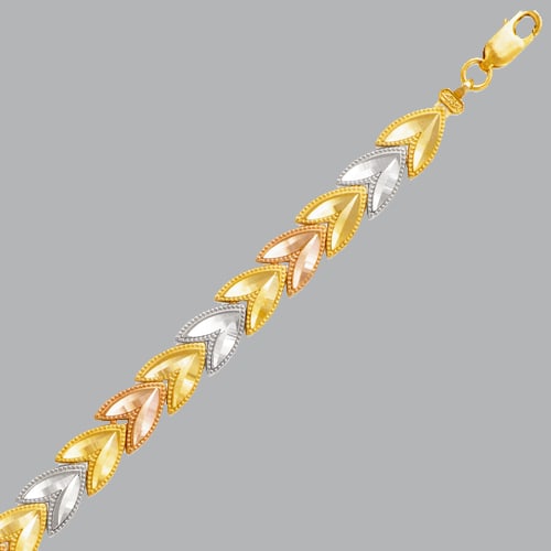 NEW 14K TRI COLOR GOLD LADIES LEAF BRACELET: 14K TRI-COLOR GOLD BRACELET New 14K Tri-Color Gold Measures 7mm wide 7" Long Polished finish and diamond cut Lobster Clasp Stamp: 14k Avg Weight:7mm - 7" = 8.8g