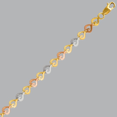 NEW 14K TRI COLOR GOLD LADIES HEART BRACELET: 14K TRI-COLOR GOLD BRACELET New 14K Tri-Color Gold Measures 5mm wide 7" Long Heart design Polished finish Lobster Clasp Stamp: 14k Avg Weight: 7" = 5.8g