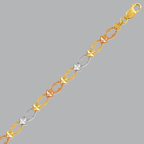 NEW-14K-TRI-COLOR-GOLD-LADIES-OVAL-BRACELET-5mm-6: 14K TRI-COLOR GOLD BRACELET New 14K Tri-Color Gold Measures 5mm wide 7" Long Polished finish Lobster Clasp Stamp: 14k Avg Weight: 7" = 5g