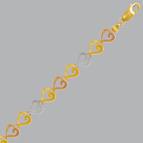 NEW 14K TRI COLOR GOLD LADIES HEART BRACELET: 14K TRI-COLOR GOLD BRACELET New 14K Tri-Color Gold Measures 7mm wide 7" Long Heart design Polished finish Lobster Clasp Stamp: 14k Avg Weight: 7" = 7g