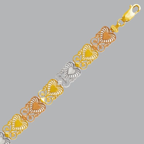 14K TRI COLOR GOLD LADIES FILIGREE HEART BRACELET: 14K TRI-COLOR GOLD BRACELET New 14K Tri-Color Gold Measures 9mm wide 7" Long Heart with filigree design Polished finish Lobster Clasp Stamp: 14k Avg Weight: 7" = 8.5g