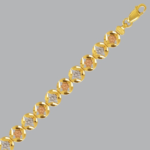 NEW 14K TRI COLOR GOLD LADIES FLOWER BRACELET: 14K TRI-COLOR GOLD BRACELET New 14K Tri-Color Gold Measures 7.8mm wide 7" Long Flower design, Polished finish Lobster Clasp Stamp: 14k Avg Weight: 7" = 9g