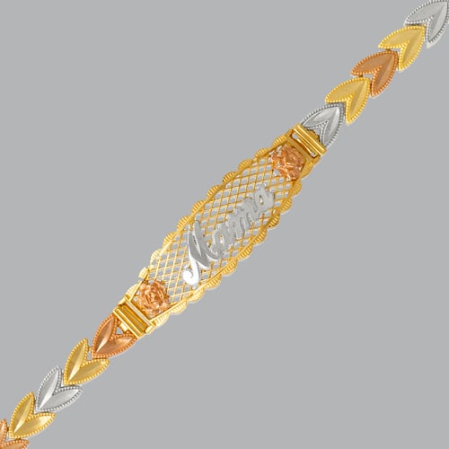 NEW 14K TRI COLOR GOLD FLOWER MOM BRACELET: 14K TRI-COLOR GOLD MAMA BRACELET New 14K Tri-Color Gold Measures 6mm wide, 12mm at the widest 7" Long Flower design, Polished finish Lobster Clasp Stamp: 14k Avg Weight: 7" = 9.4g