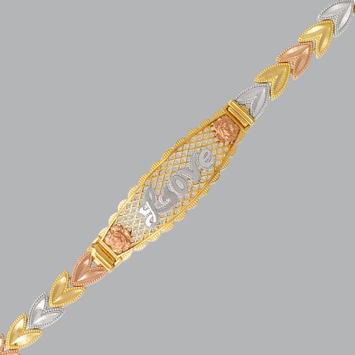 NEW 14K TRI COLOR GOLD LADIES HEART LOVE BRACELET: 14K TRI-COLOR GOLD BRACELET New 14K Tri-Color Gold Measures 6mm wide, 12mm at the widest 7" Long LOVE design, Polished finish Lobster Clasp Stamp: 14k Avg Weight: 7" = 9.7g