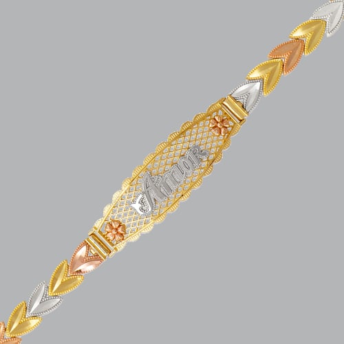 NEW 14K TRI COLOR GOLD LADIES HEART AMOR BRACELET: 14K TRI-COLOR GOLD BRACELET New 14K Tri-Color Gold Measures 6mm wide, 12mm at the widest 7" Long AMOR , Polished finish Lobster Clasp Stamp: 14k Avg Weight: 7" = 8.7g