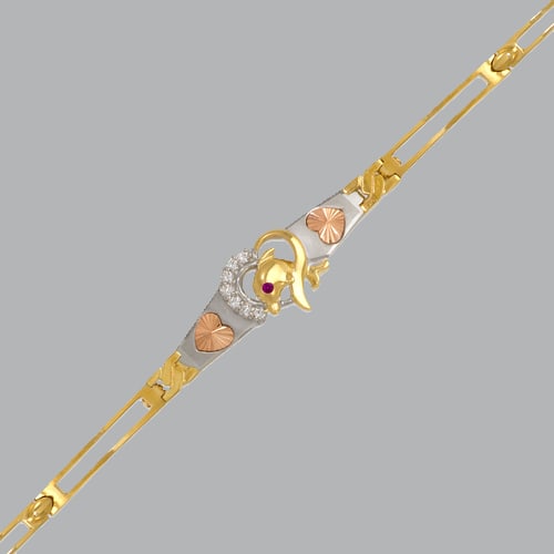 14K TRI-COLOR GOLD LADIES FANCY CZ DOLPHIN BRACELET: 14K TRI-COLOR GOLD BRACELET New 14K Tricolor Gold Measures 3mm wide, 12mm at the widest 7" Long Fancy dolphin bracelet, CZ, satin finish, Polished finish H Clasp Stamp: 14k Avg Weight: 7" = 10.3g