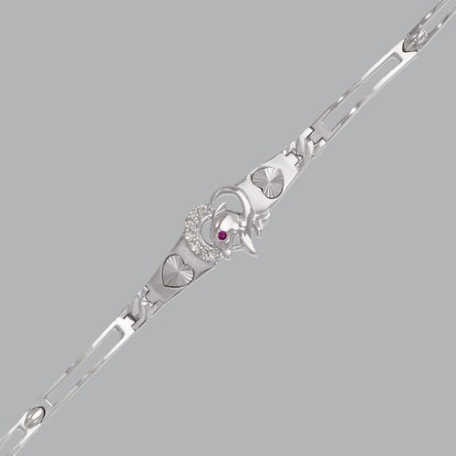 NEW 14K WHITE GOLD LADIES FANCY CZ DOLPHIN BRACELET: 14K White GOLD BRACELET New 14K White Gold Measures 3mm wide, 12mm at the widest 7" Long Fancy dolphin bracelet, CZ, satin finish, Polished finish H Clasp Stamp: 14k Avg Weight: 7" = 10.8g