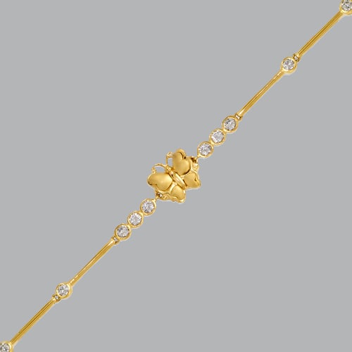 14K YELLOW GOLD LADIES FANCY CZ BUTTERFLY BRACELET: 14K YELLOW GOLD BRACELET New 14K Yellow Gold Measures 3mm wide, 9mm at the widest 7" Long Fancy butterfly bracelet, CZ, satin and polished finish H Clasp Stamp: 14k Avg Weight: 7" = 6.7g