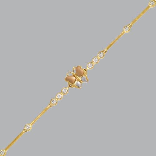 14K TRI-COLOR GOLD LADIES FANCY CZ BUTTERFLY BRACELET: 14K TRI-COLOR GOLD BRACELET New 14K Tri-Color Gold Measures 3mm wide, 9mm at the widest 7" Long Fancy butterfly bracelet, CZ, satin and polished finish H Clasp Stamp: 14k Avg Weight: 7" = 6.7g